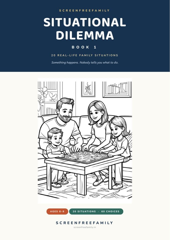 Situational Dilemma Book 1 cover, a colouring and decision-making activity book of 20 real-life family situations for ages 6 to 9