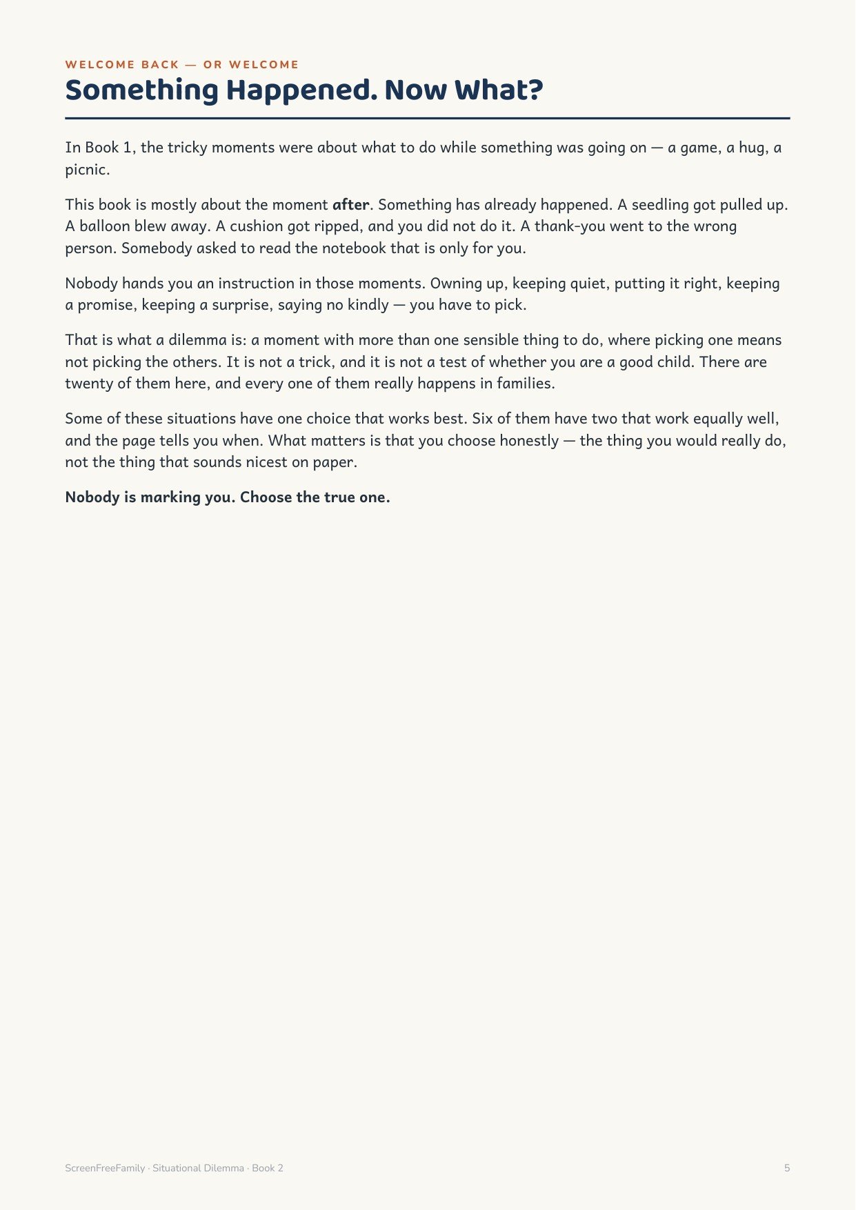 Welcome page of Situational Dilemma Book 2 titled Something Happened. Now What?, explaining that the book is about the moment after something has happened