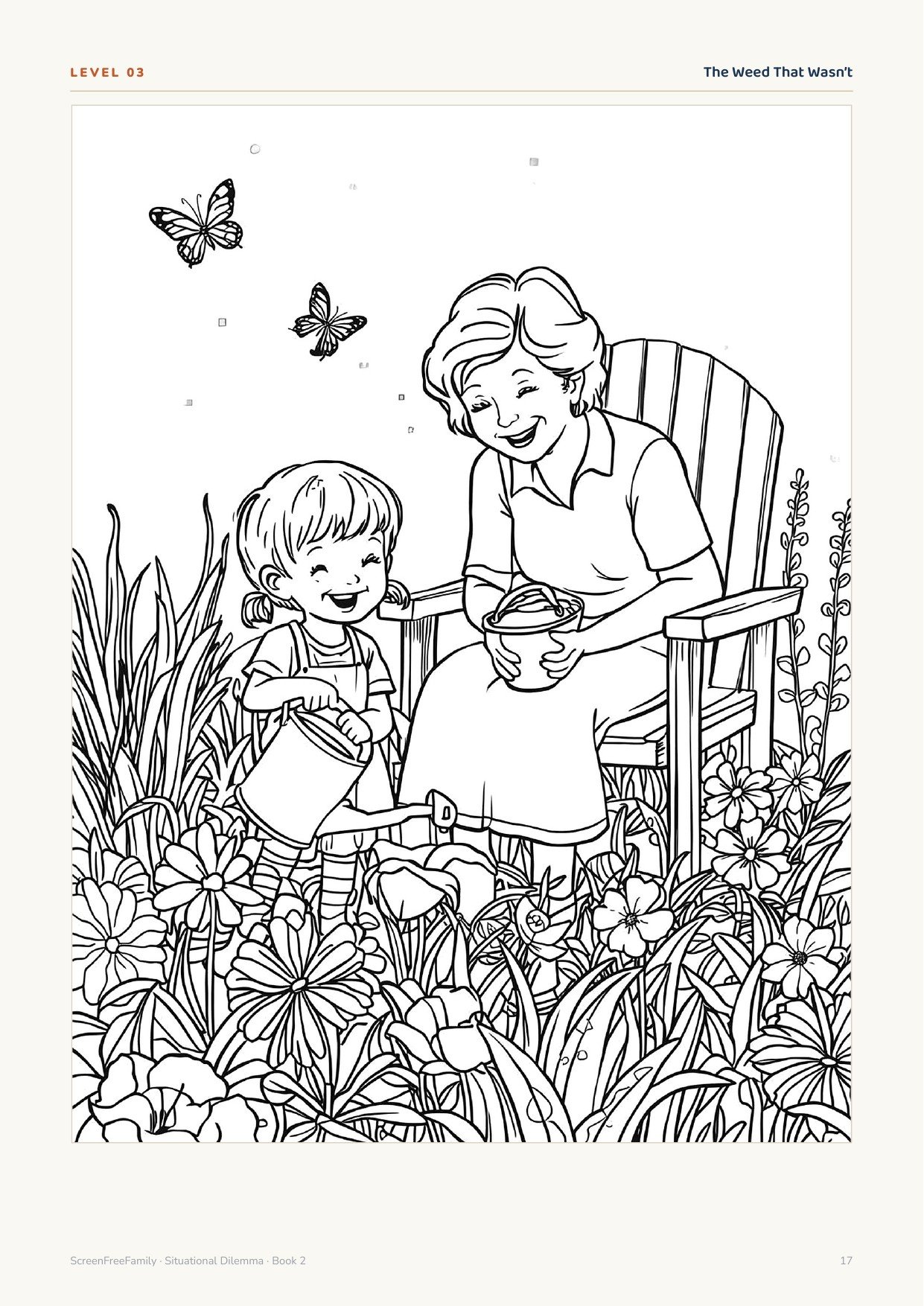 Full-page colouring illustration from Level 3 of a child helping in a garden