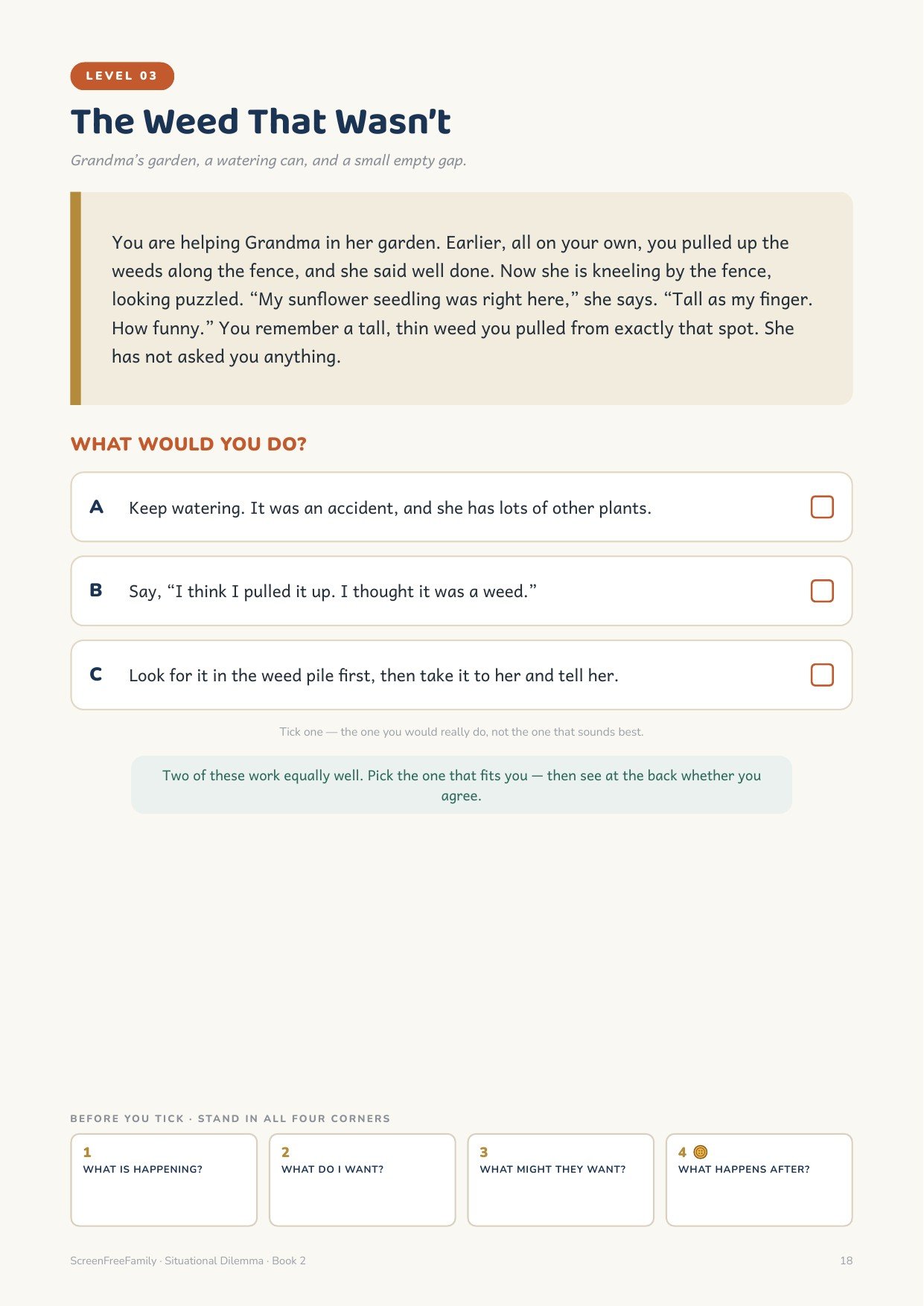 Level 3 dilemma page, The Weed That Wasn't, with three A, B and C choices and a note that two answers work equally well