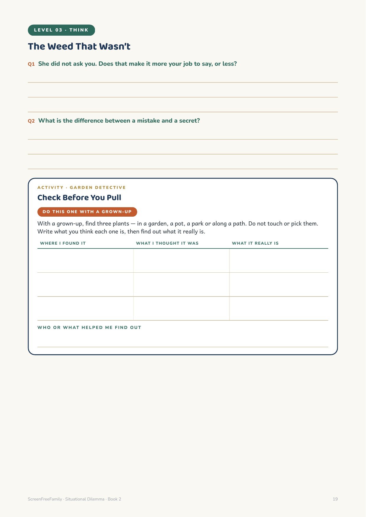 Level 3 think page with two thinking questions and the Garden Detective activity, done with a grown-up