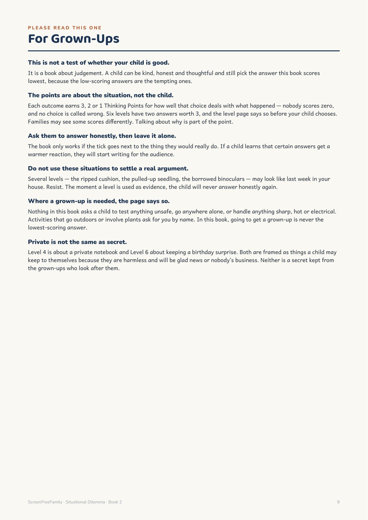 For Grown-Ups page explaining the book is not a test of whether a child is good